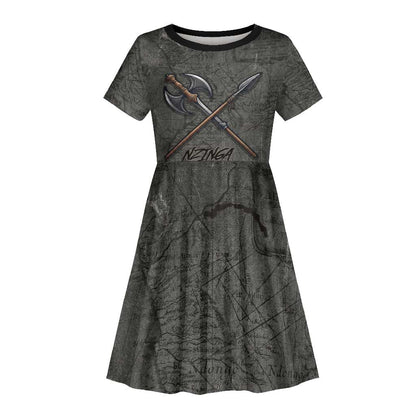 Queen Nzinga Kid Short Sleeve Dress Fierce African Warrior Queen - Dark Tribal Fire Art - African Pride