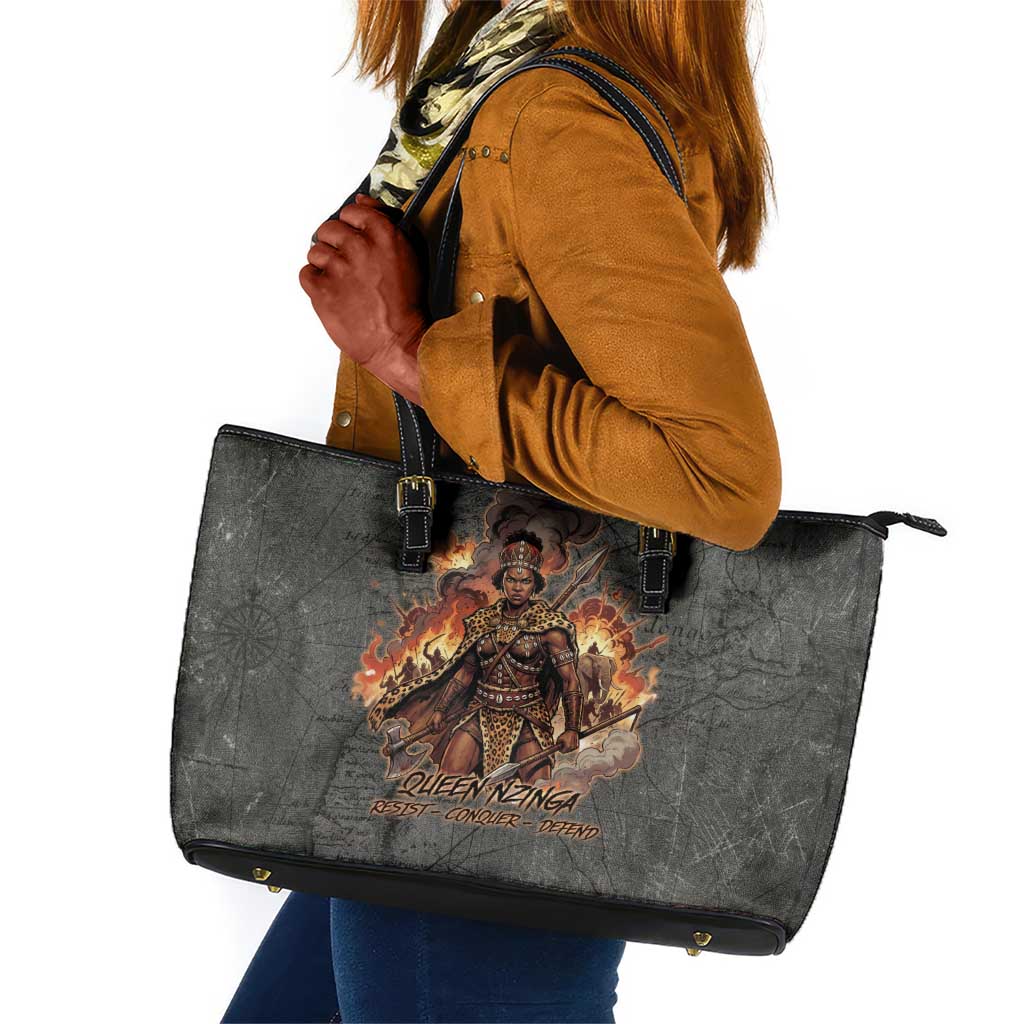 Queen Nzinga Leather Tote Bag Fierce African Warrior Queen - Dark Tribal Fire Art - African Pride