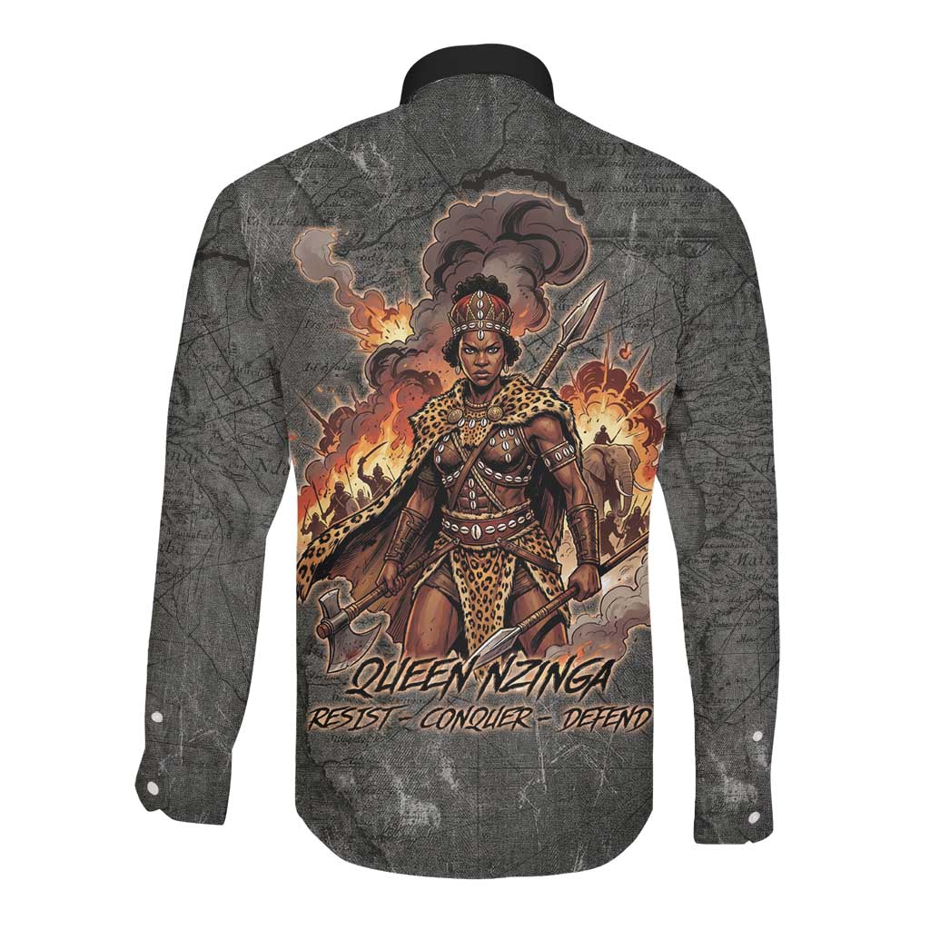 Queen Nzinga Long Sleeve Button Shirt Fierce African Warrior Queen - Dark Tribal Fire Art - African Pride