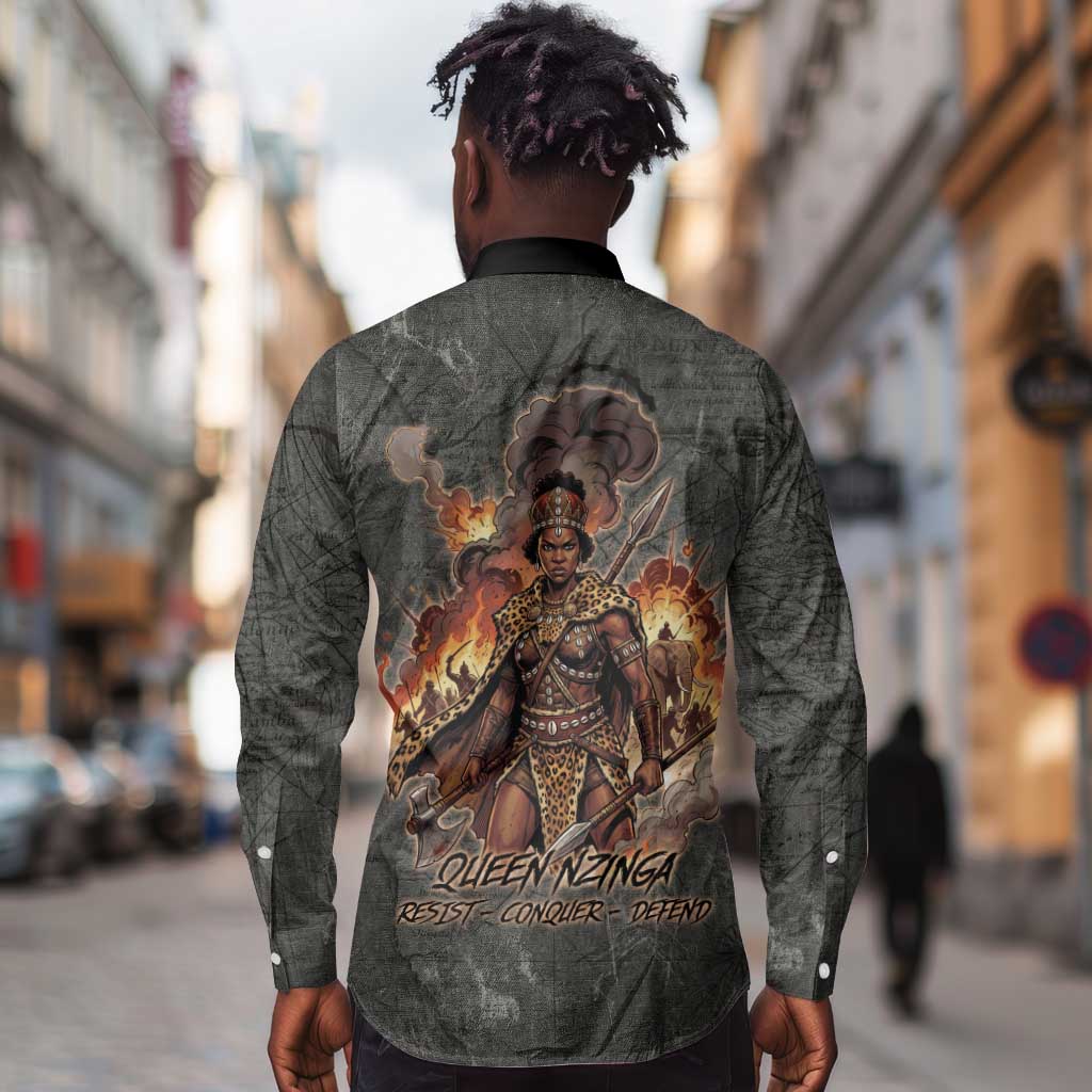 Queen Nzinga Long Sleeve Button Shirt Fierce African Warrior Queen - Dark Tribal Fire Art - African Pride