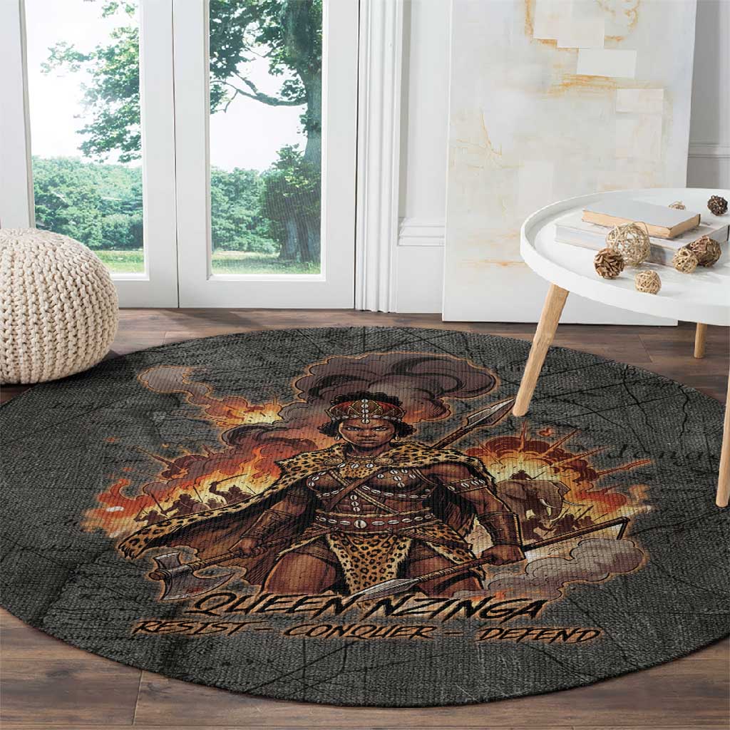 Queen Nzinga Round Carpet Fierce African Warrior Queen - Dark Tribal Fire Art - African Pride