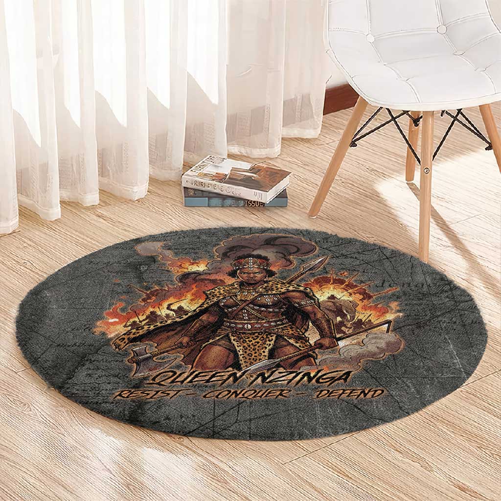 Queen Nzinga Round Carpet Fierce African Warrior Queen - Dark Tribal Fire Art - African Pride