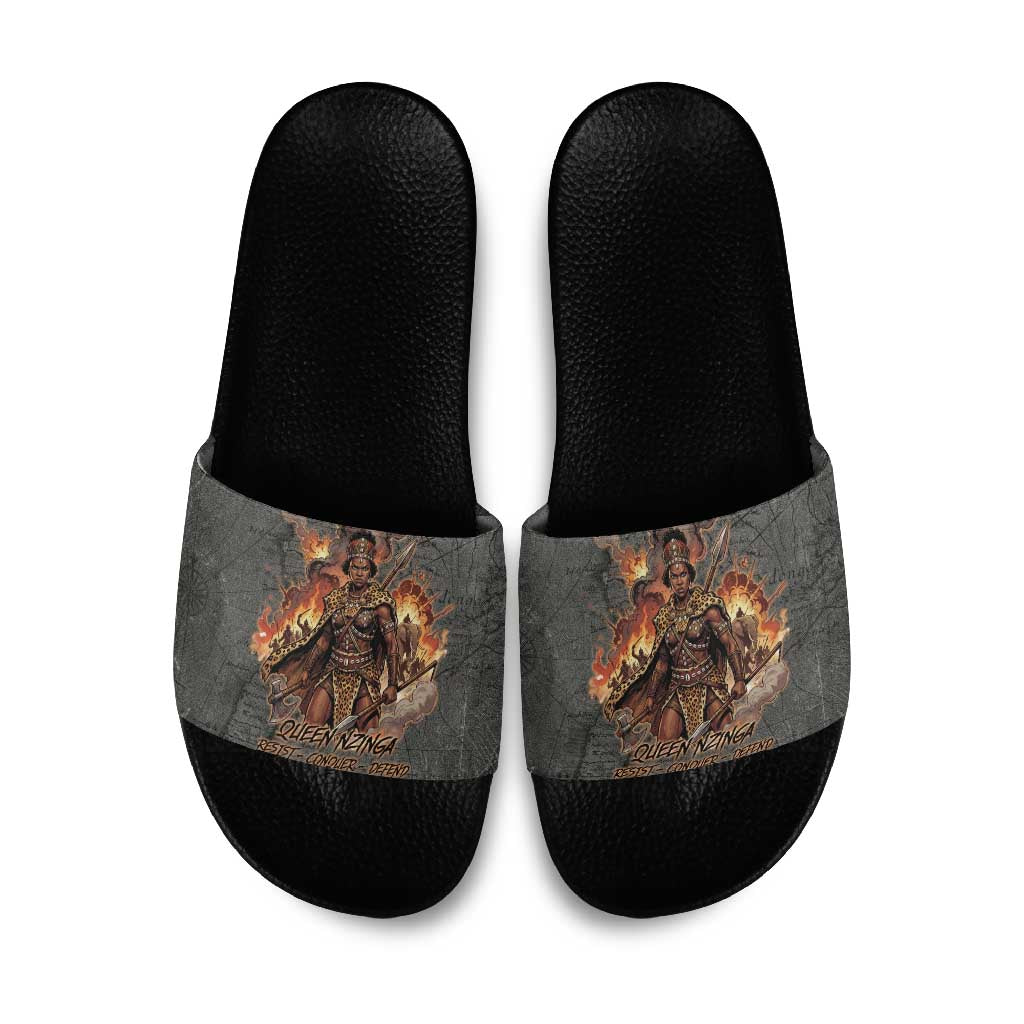 Queen Nzinga Slide Sandals Fierce African Warrior Queen - Dark Tribal Fire Art - African Pride