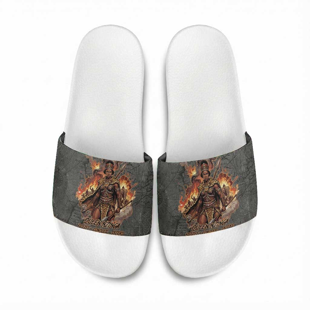 Queen Nzinga Slide Sandals Fierce African Warrior Queen - Dark Tribal Fire Art - African Pride