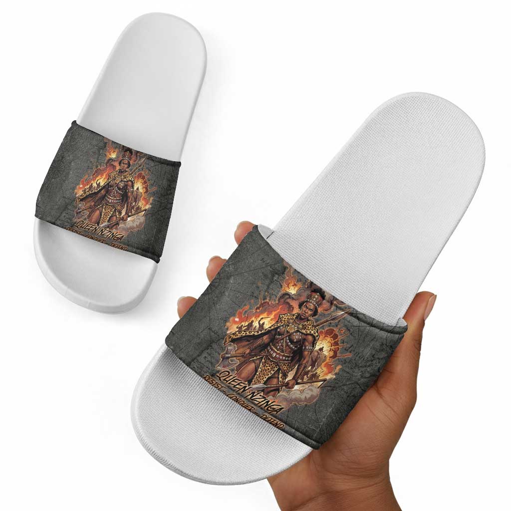 Queen Nzinga Slide Sandals Fierce African Warrior Queen - Dark Tribal Fire Art - African Pride