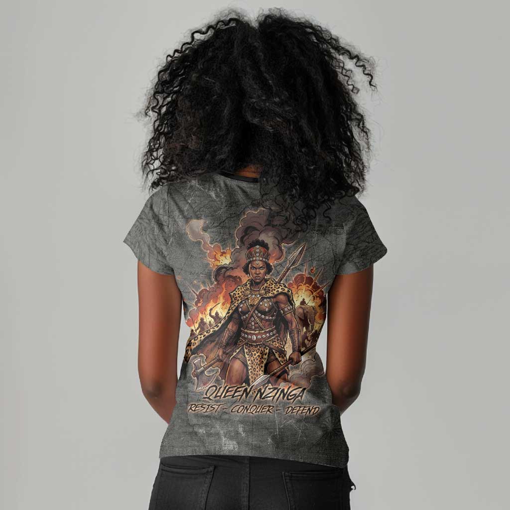 Queen Nzinga Women V-Neck T-Shirt Fierce African Warrior Queen - Dark Tribal Fire Art - African Pride