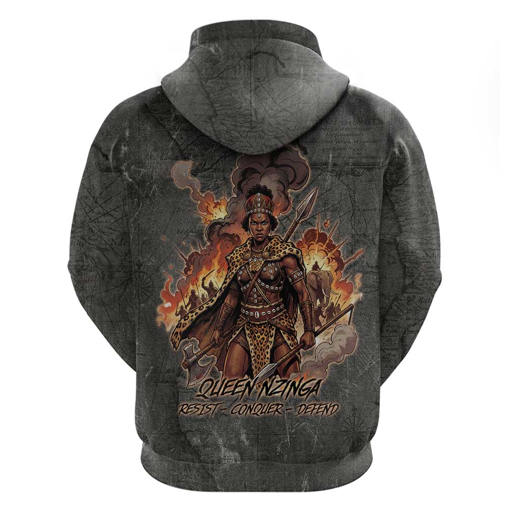 Queen Nzinga Zip Hoodie Fierce African Warrior Queen - Dark Tribal Fire Art - African Pride