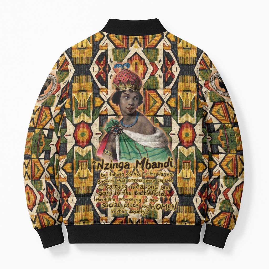 Queen Nzinga Bomber Puffer Jacket Mbandi Traditional Regal Portrait Empowerment Quote African Female Leadership - African Pride