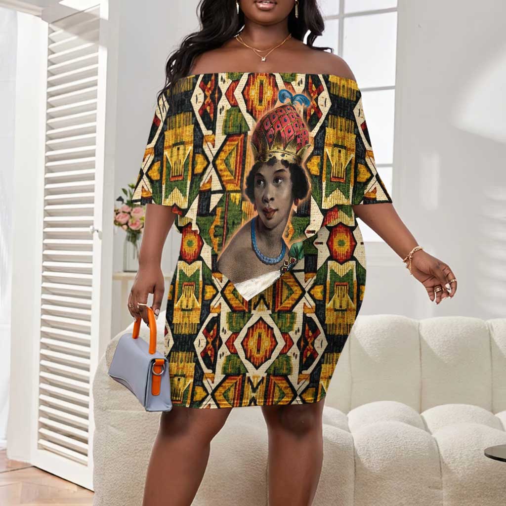 Queen Nzinga Off Shoulder Short Dress Mbandi Traditional Regal Portrait Empowerment Quote African Female Leadership - African Pride