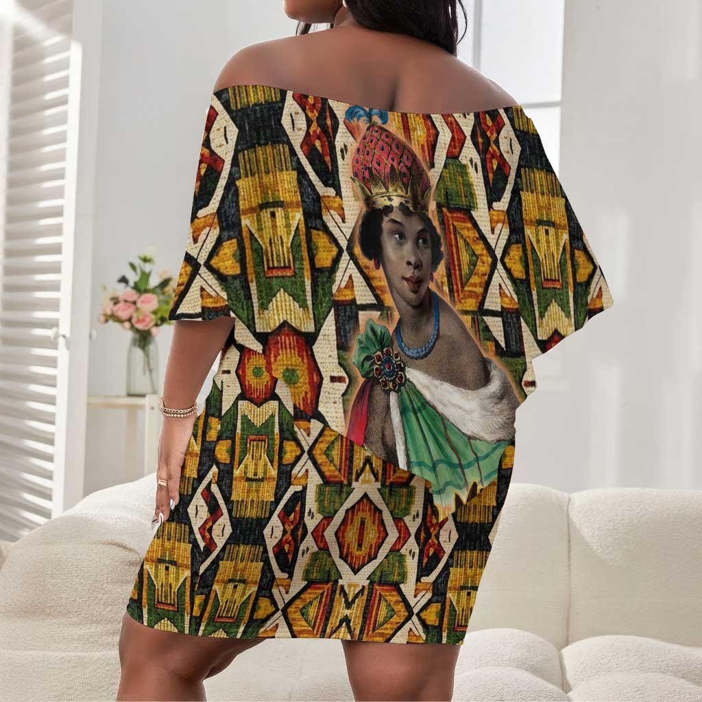 Queen Nzinga Off Shoulder Short Dress Mbandi Traditional Regal Portrait Empowerment Quote African Female Leadership - African Pride