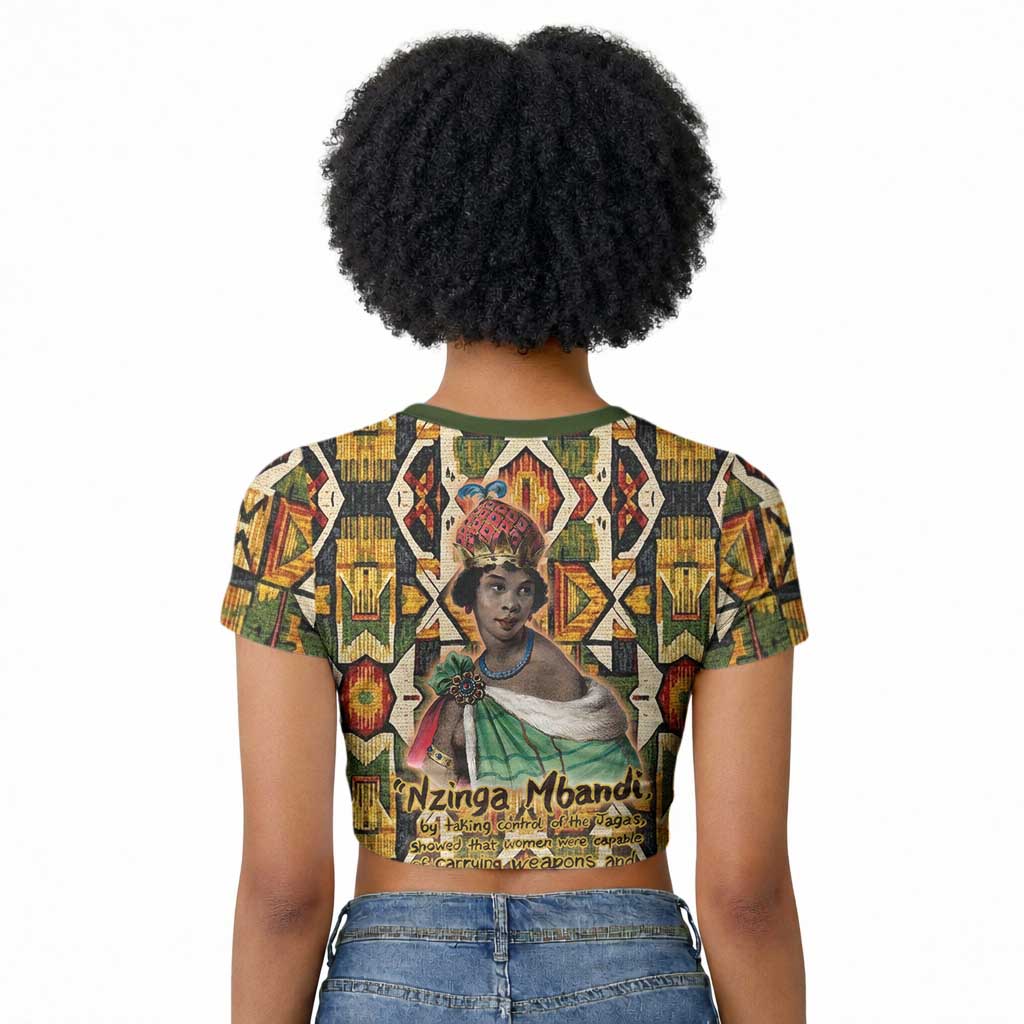 Queen Nzinga Raglan Cropped T shirt Mbandi Traditional Regal Portrait Empowerment Quote African Female Leadership - African Pride