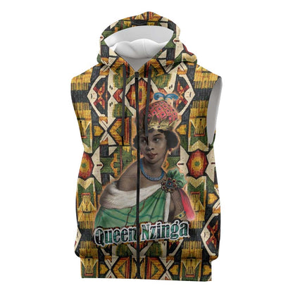 Queen Nzinga Sleeveless Zip Hoodie Mbandi Traditional Regal Portrait Empowerment Quote African Female Leadership - African Pride