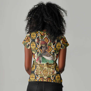 Queen Nzinga Women V-Neck T-Shirt Mbandi Traditional Regal Portrait Empowerment Quote African Female Leadership - African Pride
