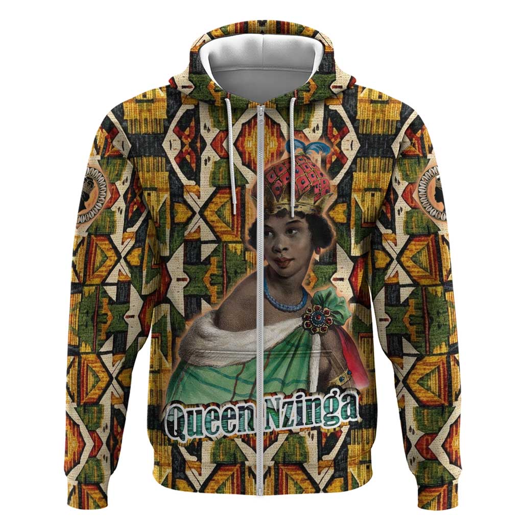 Queen Nzinga Zip Hoodie Mbandi Traditional Regal Portrait Empowerment Quote African Female Leadership - African Pride