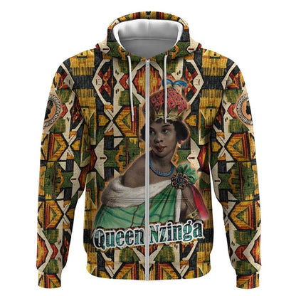Queen Nzinga Zip Hoodie Mbandi Traditional Regal Portrait Empowerment Quote African Female Leadership - African Pride