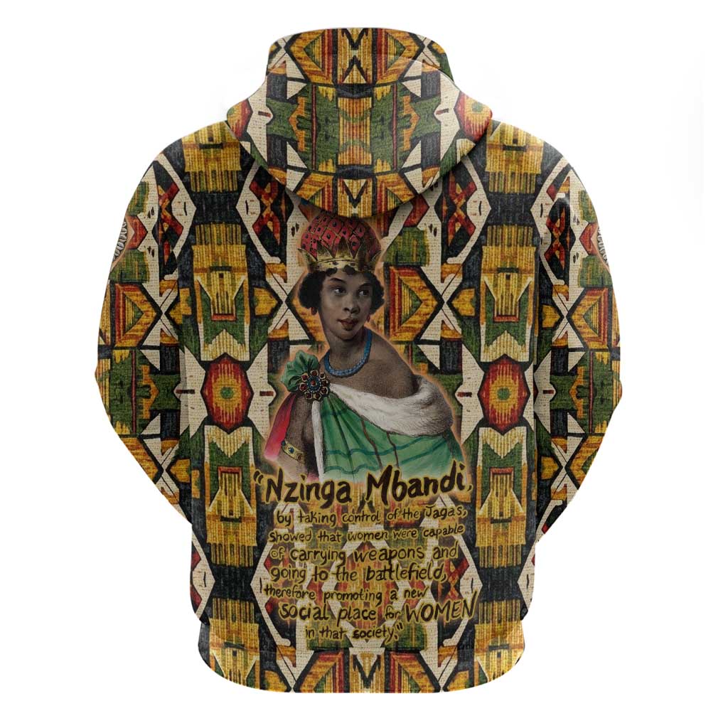 Queen Nzinga Zip Hoodie Mbandi Traditional Regal Portrait Empowerment Quote African Female Leadership - African Pride