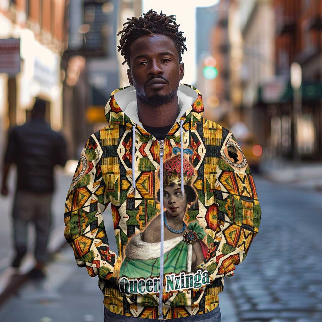Queen Nzinga Zip Hoodie Mbandi Traditional Regal Portrait Empowerment Quote African Female Leadership - African Pride