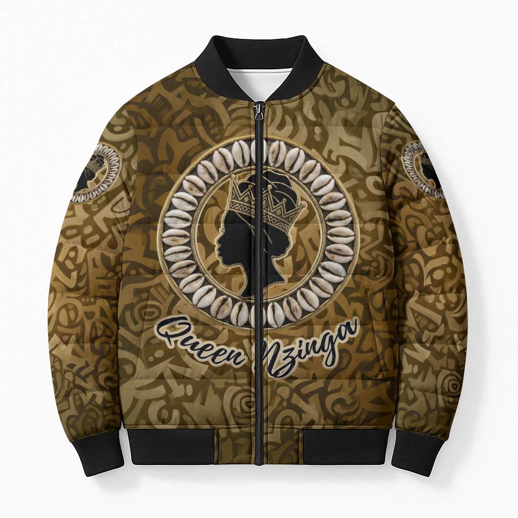 Queen Nzinga Bomber Puffer Jacket Cowrie Crown Silhouette Royal Power - African Pride