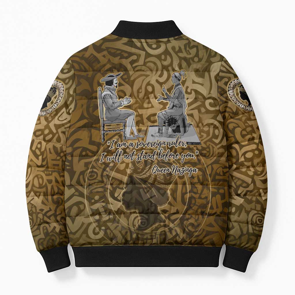 Queen Nzinga Bomber Puffer Jacket Cowrie Crown Silhouette Royal Power - African Pride