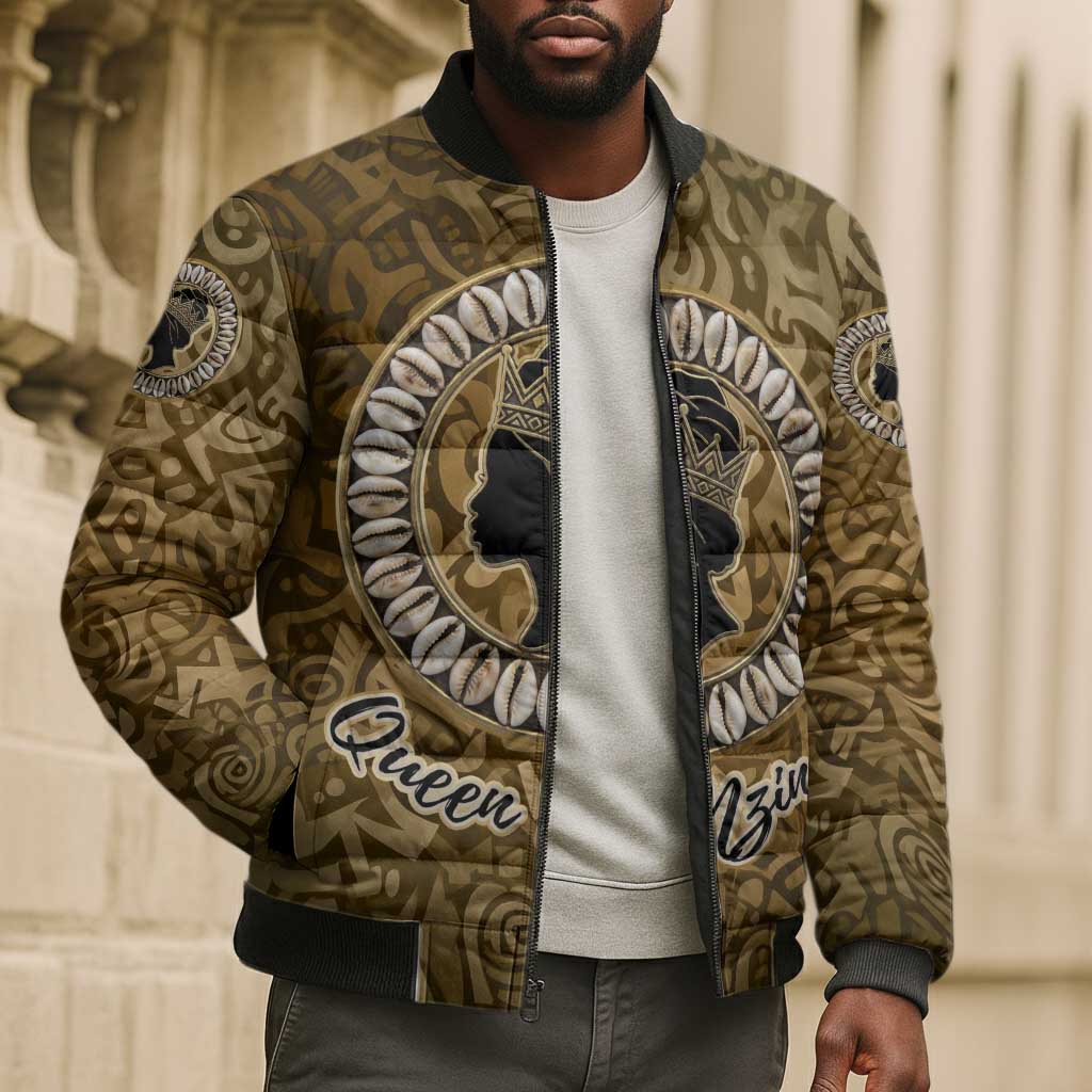 Queen Nzinga Bomber Puffer Jacket Cowrie Crown Silhouette Royal Power - African Pride