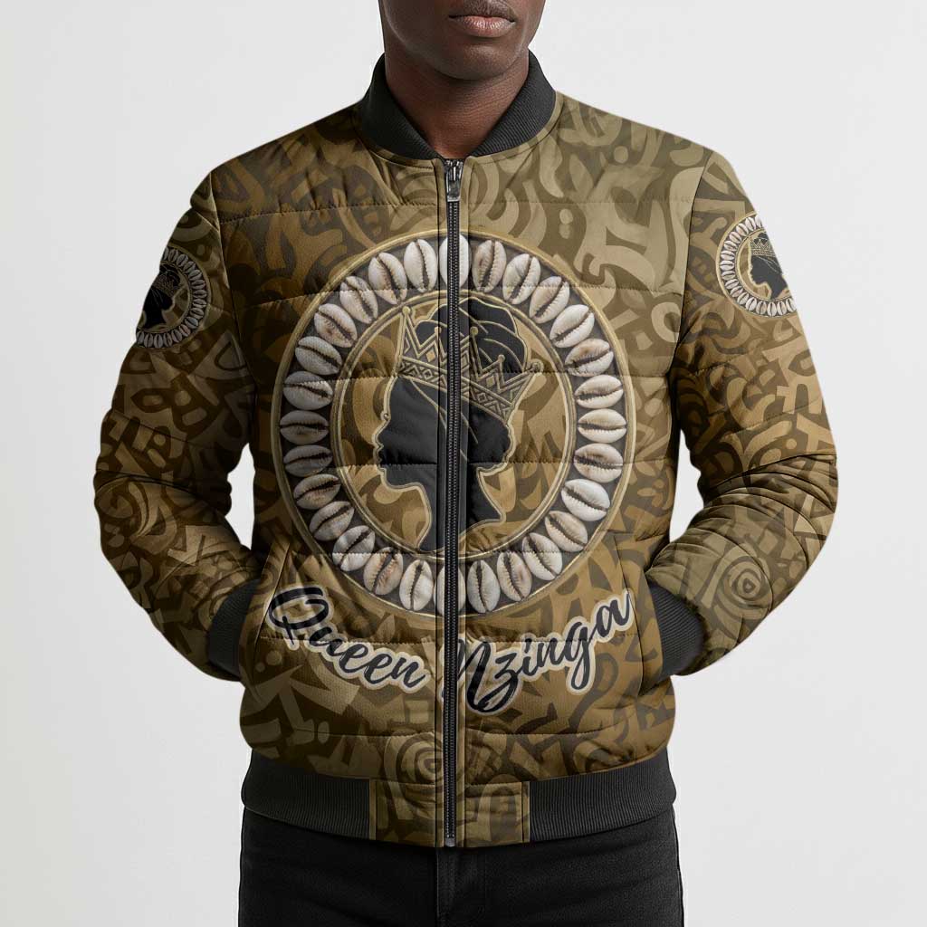 Queen Nzinga Bomber Puffer Jacket Cowrie Crown Silhouette Royal Power - African Pride