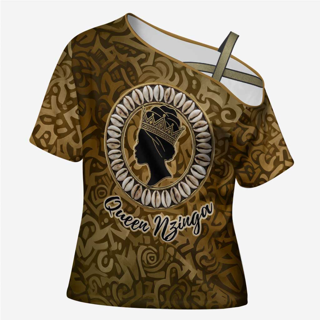 Queen Nzinga Cross Shoulder Shirt Cowrie Crown Silhouette Royal Power - African Pride