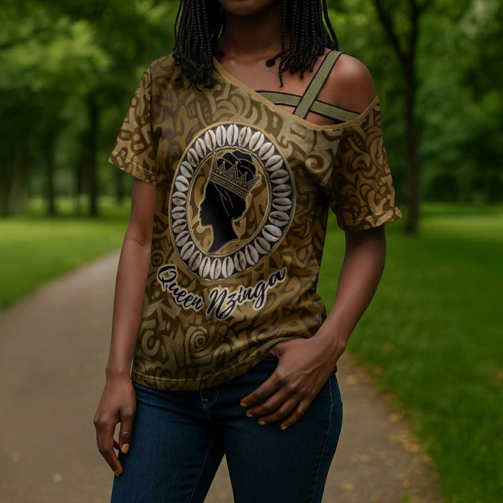 Queen Nzinga Cross Shoulder Shirt Cowrie Crown Silhouette Royal Power - African Pride