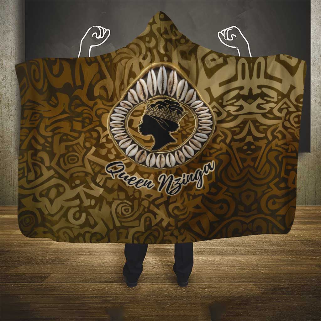 Queen Nzinga Hooded Blanket Cowrie Crown Silhouette Royal Power - African Pride