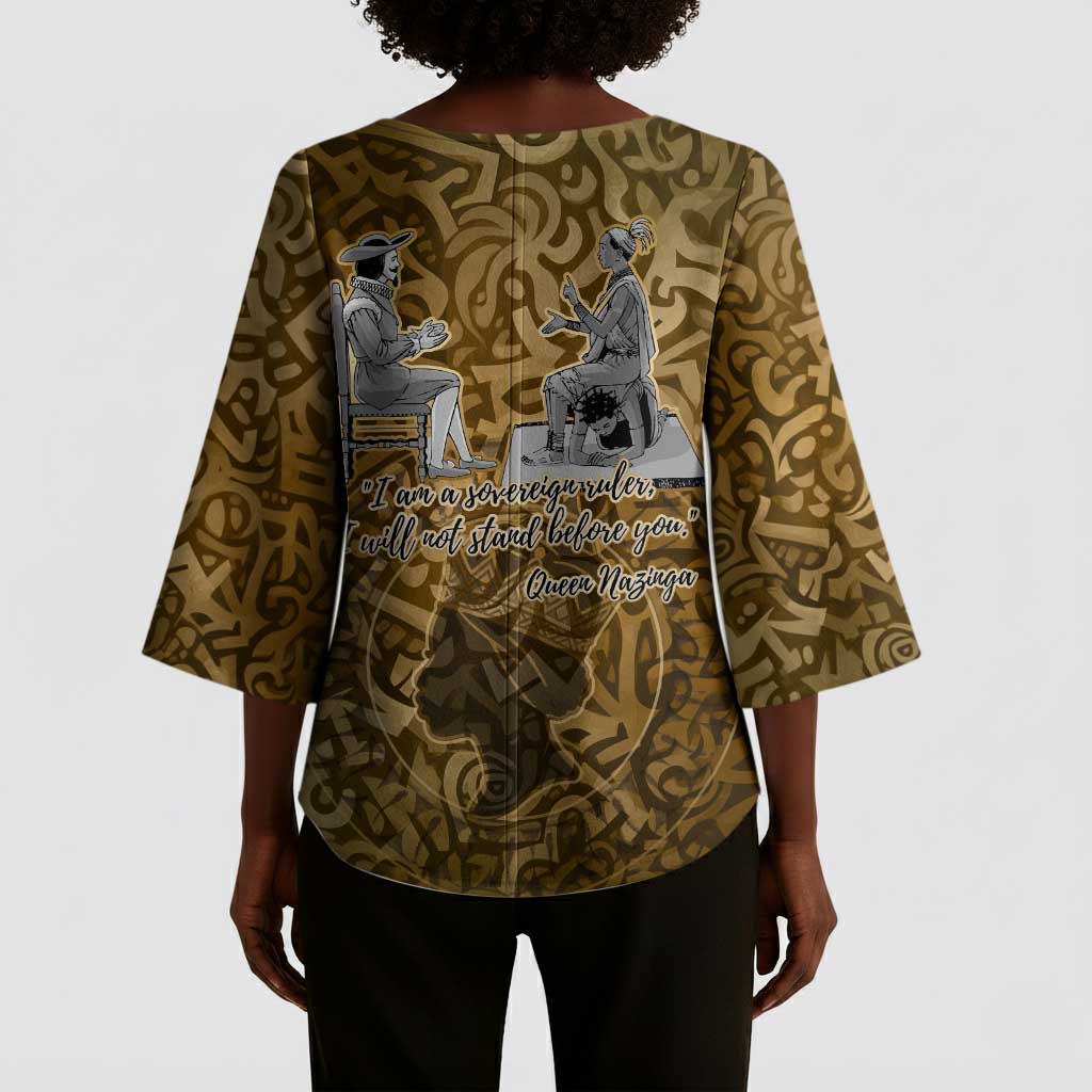Queen Nzinga Kimono Sleeve Blouse Cowrie Crown Silhouette Royal Power - African Pride