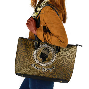 Queen Nzinga Leather Tote Bag Cowrie Crown Silhouette Royal Power - African Pride