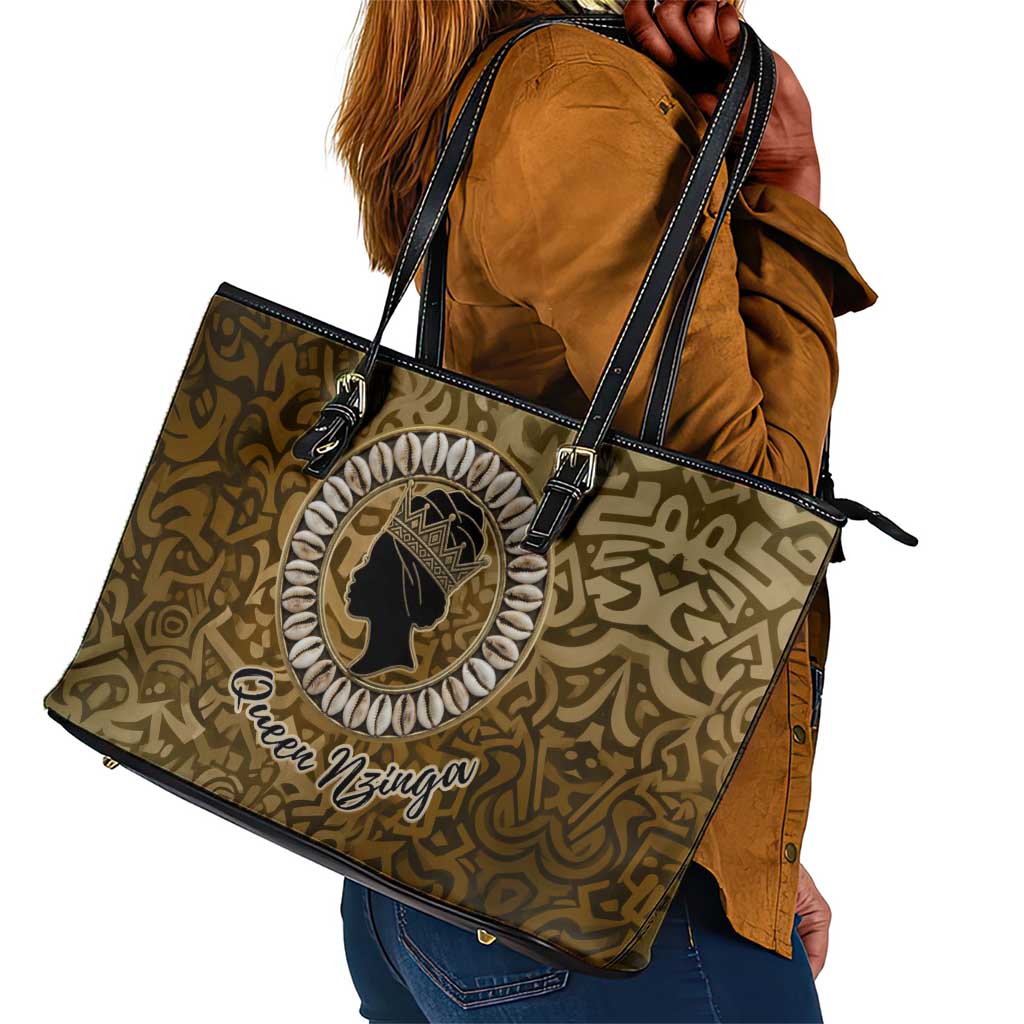 Queen Nzinga Leather Tote Bag Cowrie Crown Silhouette Royal Power - African Pride