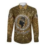 Queen Nzinga Long Sleeve Button Shirt Cowrie Crown Silhouette Royal Power - African Pride