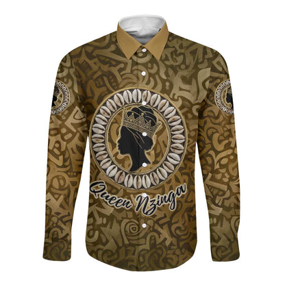 Queen Nzinga Long Sleeve Button Shirt Cowrie Crown Silhouette Royal Power - African Pride