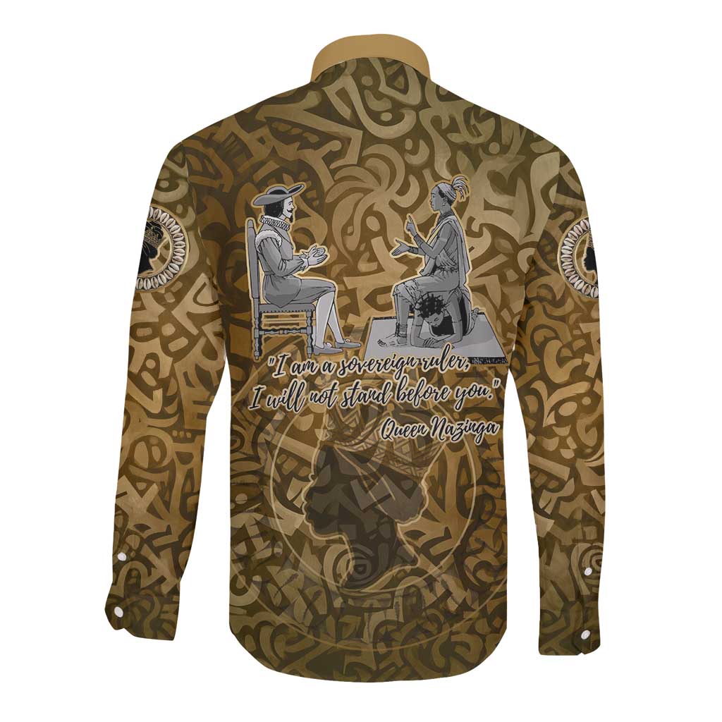 Queen Nzinga Long Sleeve Button Shirt Cowrie Crown Silhouette Royal Power - African Pride