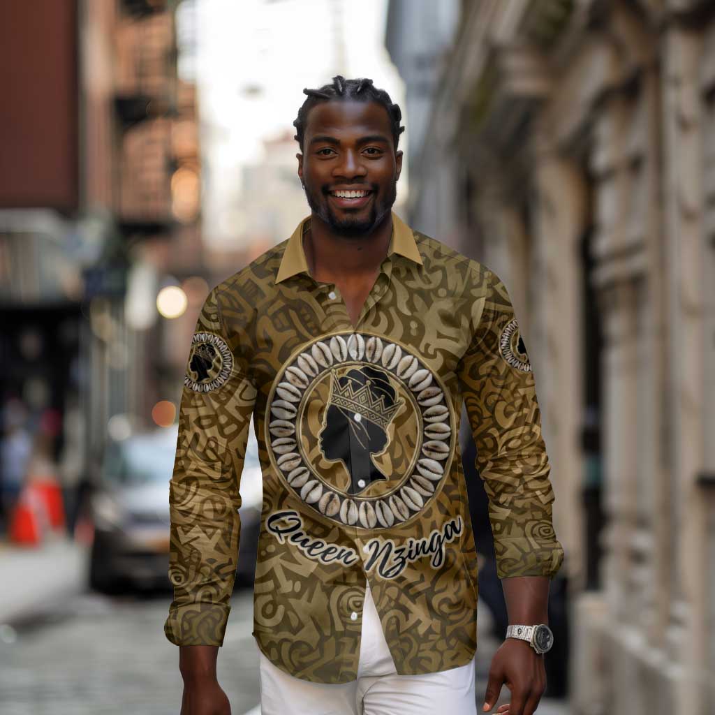 Queen Nzinga Long Sleeve Button Shirt Cowrie Crown Silhouette Royal Power - African Pride