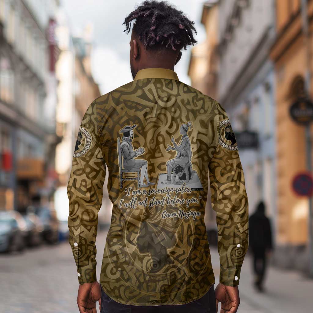 Queen Nzinga Long Sleeve Button Shirt Cowrie Crown Silhouette Royal Power - African Pride