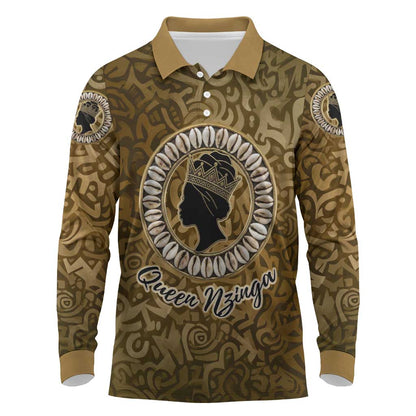 Queen Nzinga Long Sleeve Polo Shirt Cowrie Crown Silhouette Royal Power - African Pride