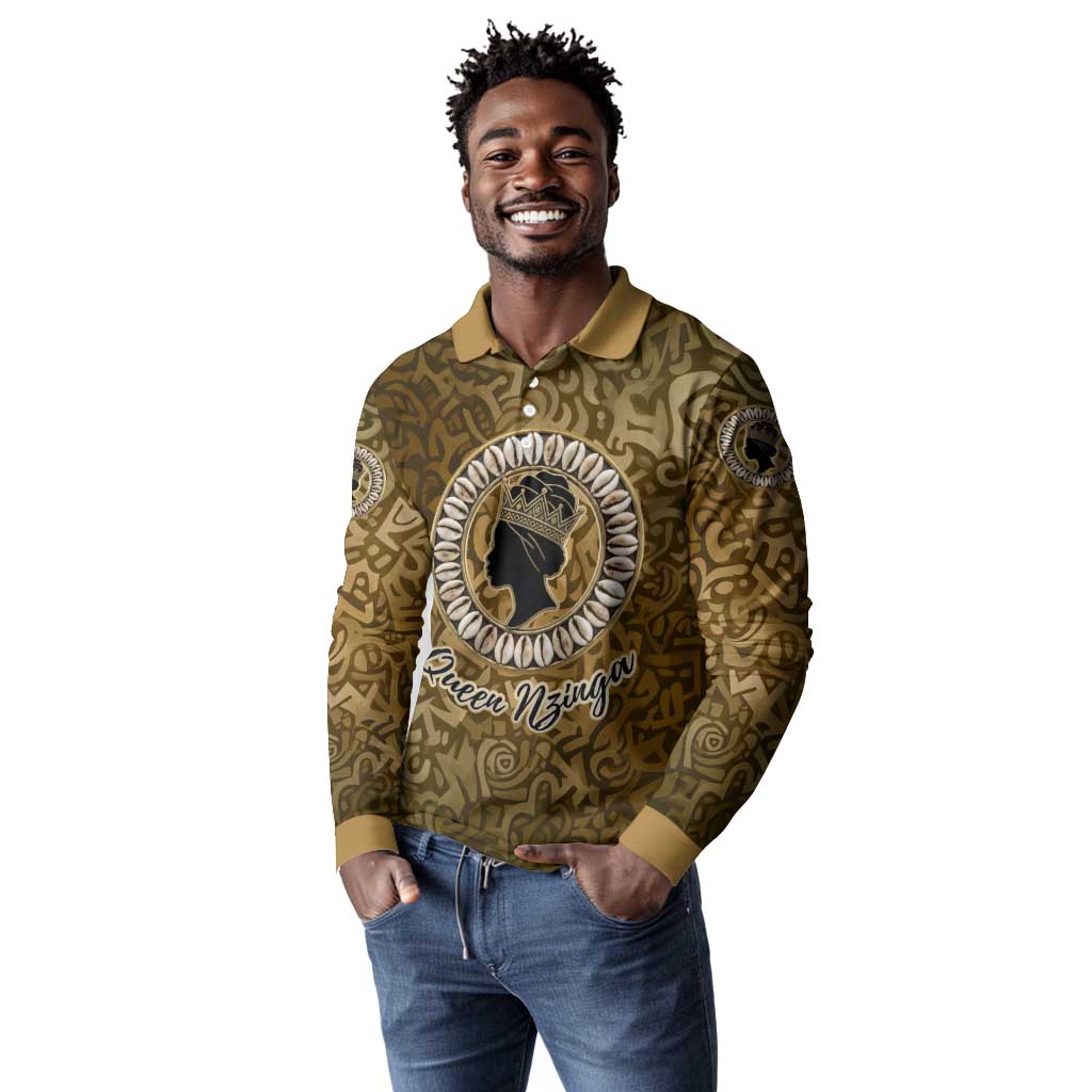 Queen Nzinga Long Sleeve Polo Shirt Cowrie Crown Silhouette Royal Power - African Pride