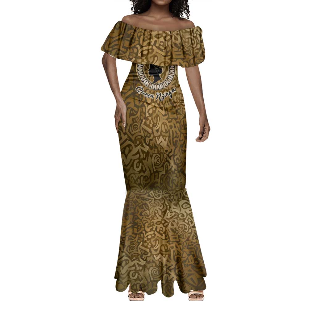 Queen Nzinga Mermaid Dress Cowrie Crown Silhouette Royal Power - African Pride