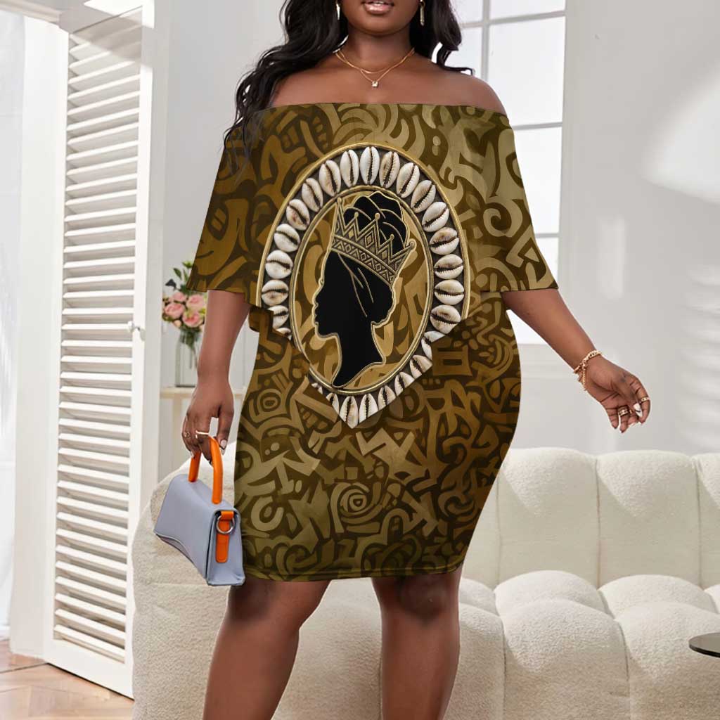 Queen Nzinga Off Shoulder Short Dress Cowrie Crown Silhouette Royal Power - African Pride