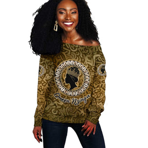 Queen Nzinga Off Shoulder Sweater Cowrie Crown Silhouette Royal Power - African Pride