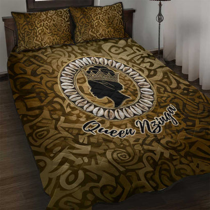 Queen Nzinga Quilt Bed Set Cowrie Crown Silhouette Royal Power - African Pride