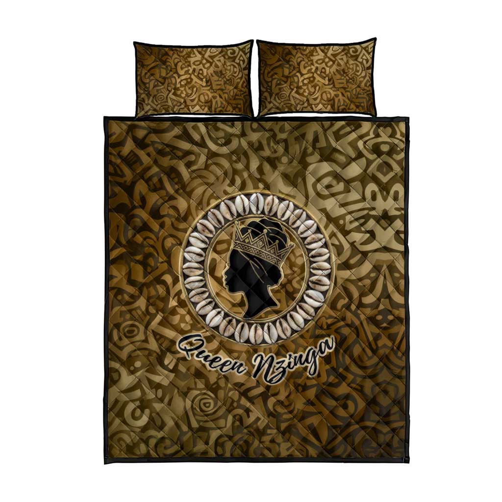 Queen Nzinga Quilt Bed Set Cowrie Crown Silhouette Royal Power - African Pride