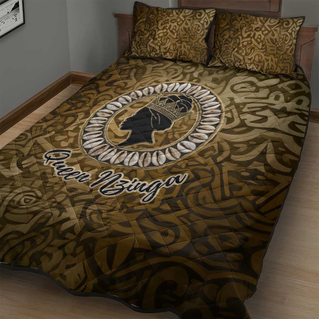 Queen Nzinga Quilt Bed Set Cowrie Crown Silhouette Royal Power - African Pride