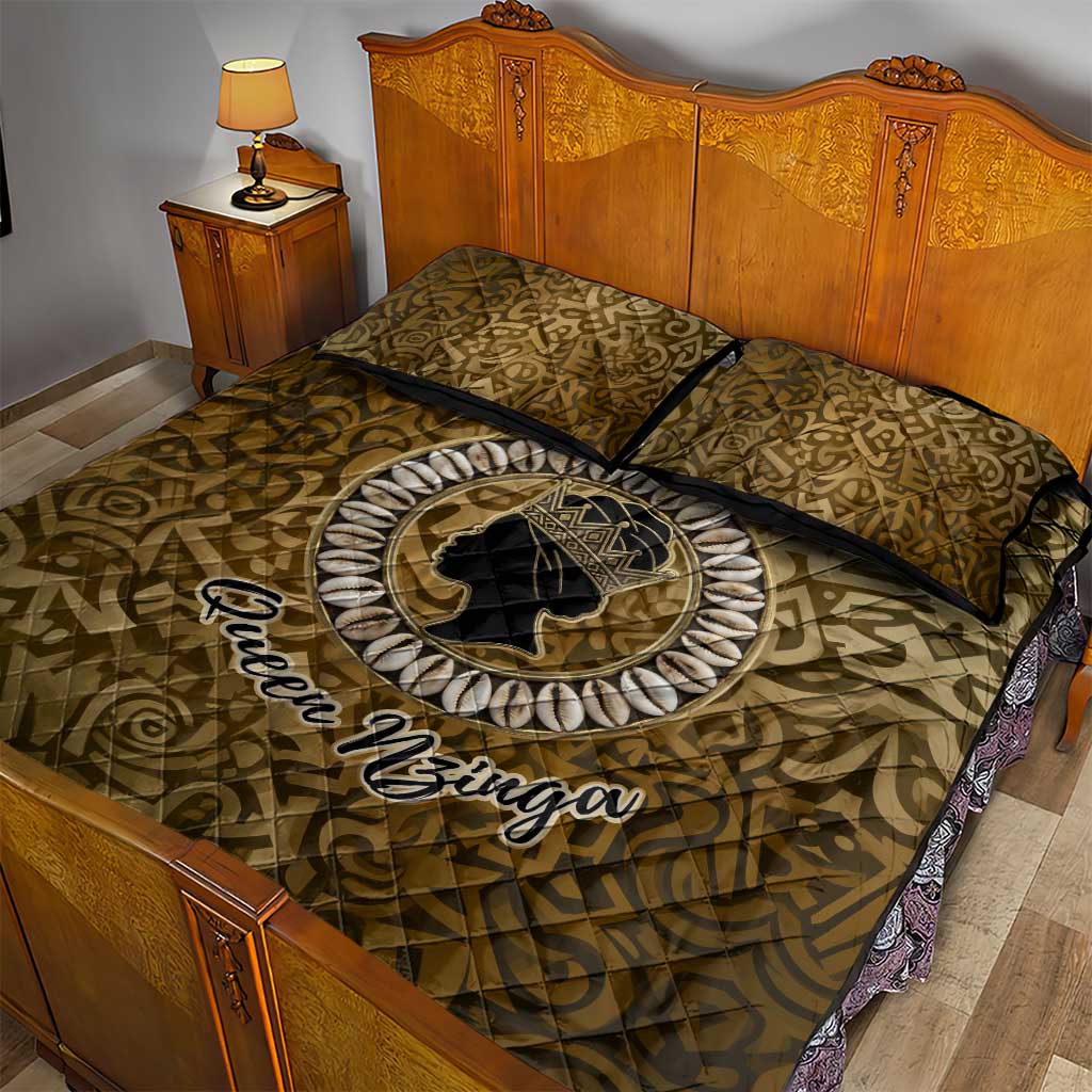 Queen Nzinga Quilt Bed Set Cowrie Crown Silhouette Royal Power - African Pride