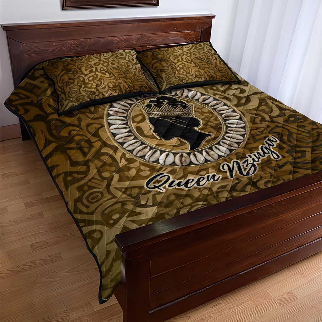Queen Nzinga Quilt Bed Set Cowrie Crown Silhouette Royal Power - African Pride
