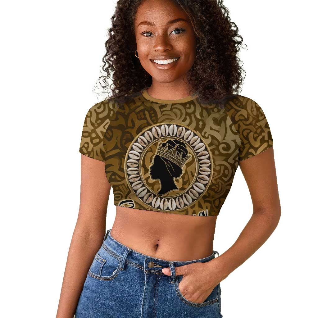 Queen Nzinga Raglan Cropped T shirt Cowrie Crown Silhouette Royal Power - African Pride