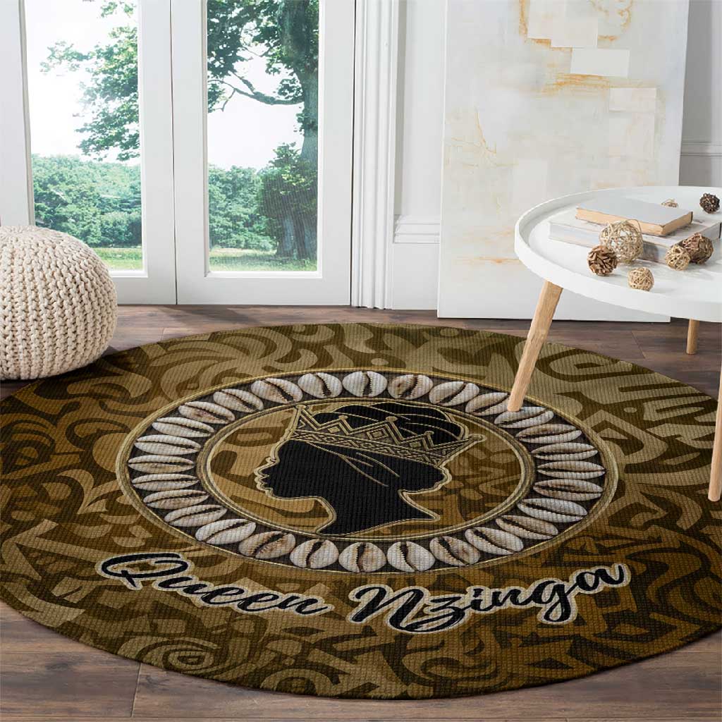 Queen Nzinga Round Carpet Cowrie Crown Silhouette Royal Power - African Pride