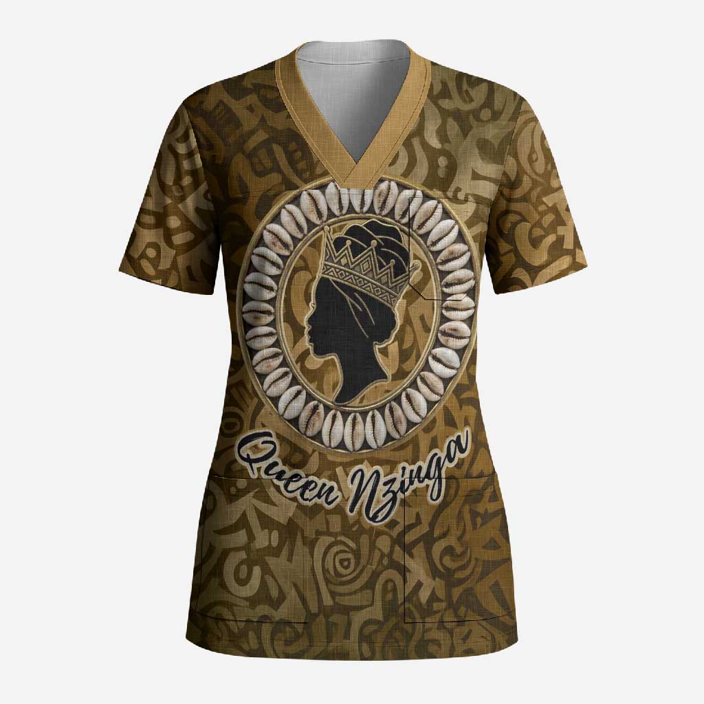 Queen Nzinga Scrub Top Cowrie Crown Silhouette Royal Power - African Pride