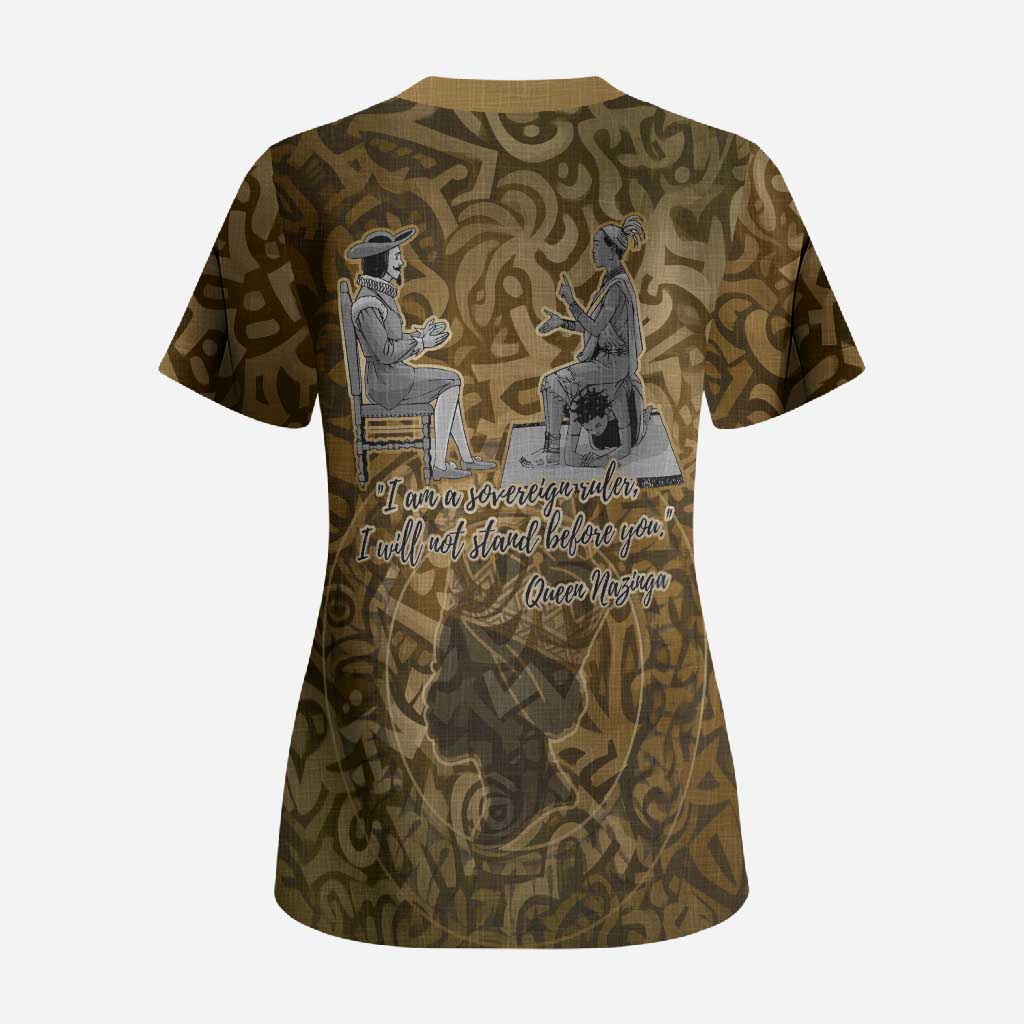 Queen Nzinga Scrub Top Cowrie Crown Silhouette Royal Power - African Pride